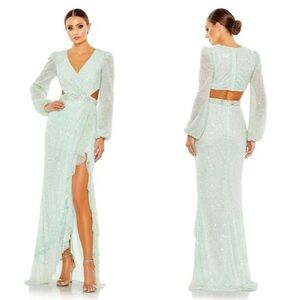 NWT Mac Duggal 5745 Sequined Faux Wrap Cut Out Puff Sleeve Gown Size 4